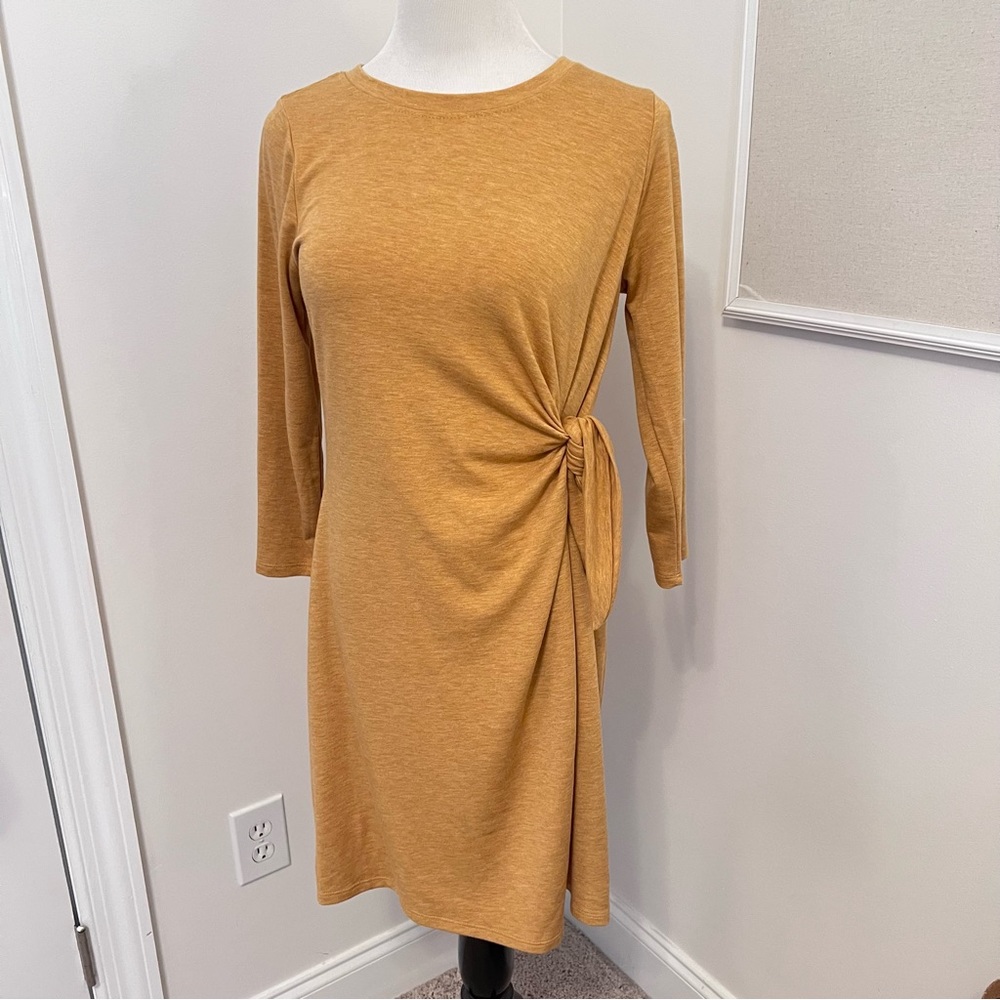 Cable and Gauge Mustard Yellow Side Tie 3/4 length Sleeve Dress